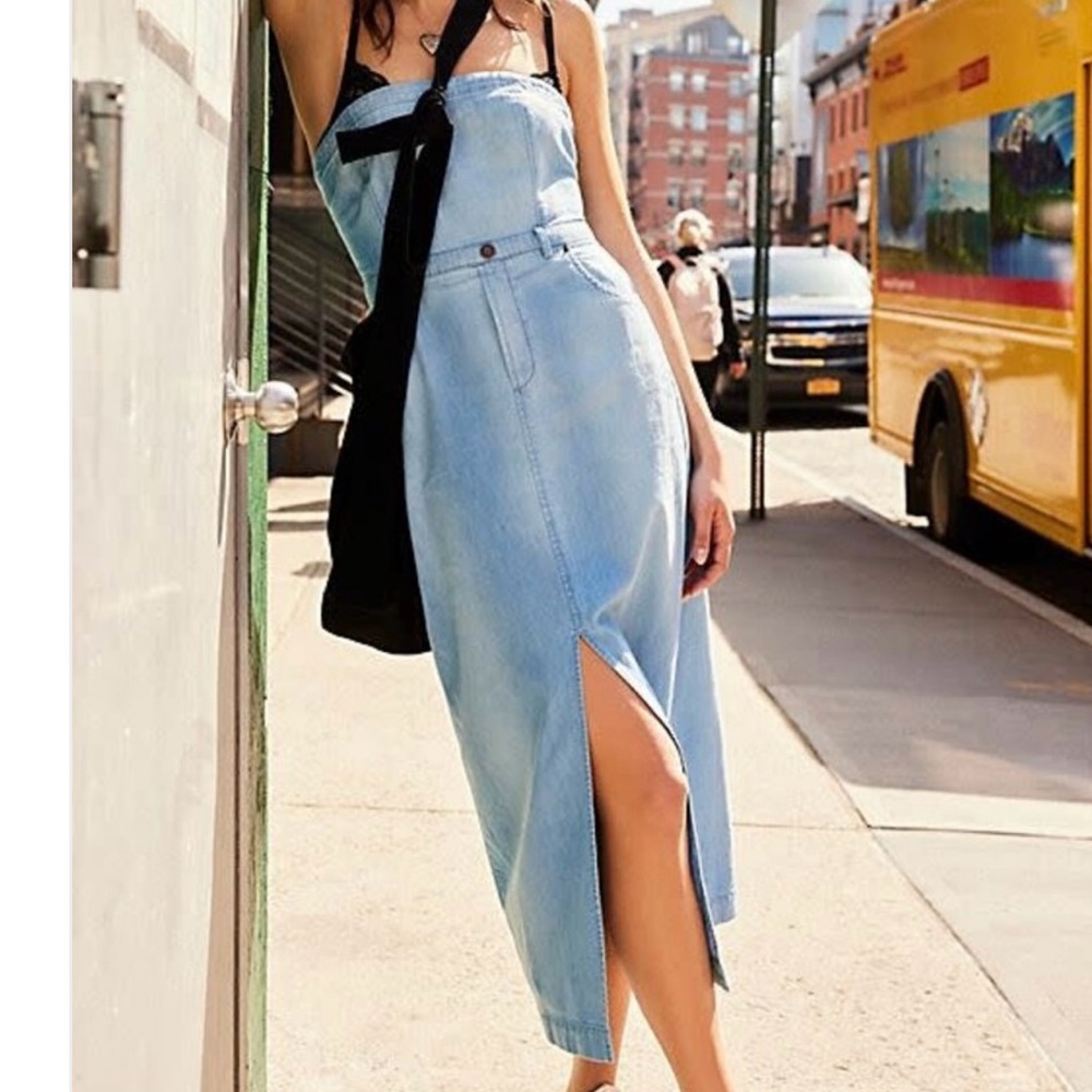 Free People Strapless Denim Dress in Light Blue